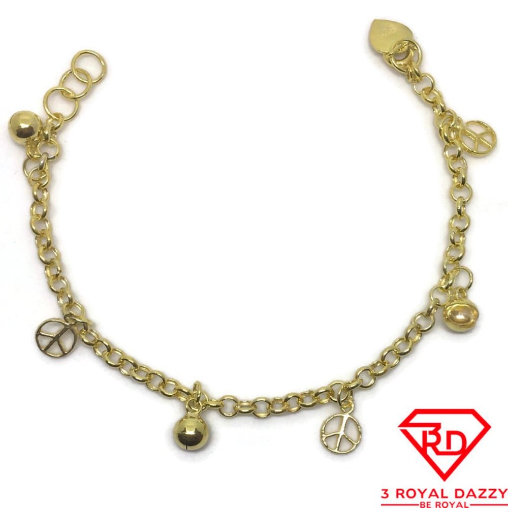 Bell & peace charm 7 inch Bracelet 999 Yellow Gold